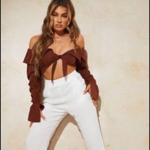 PrettyLittleThing chocolate poplin Bardot ruched flare sleeve tie front blouse